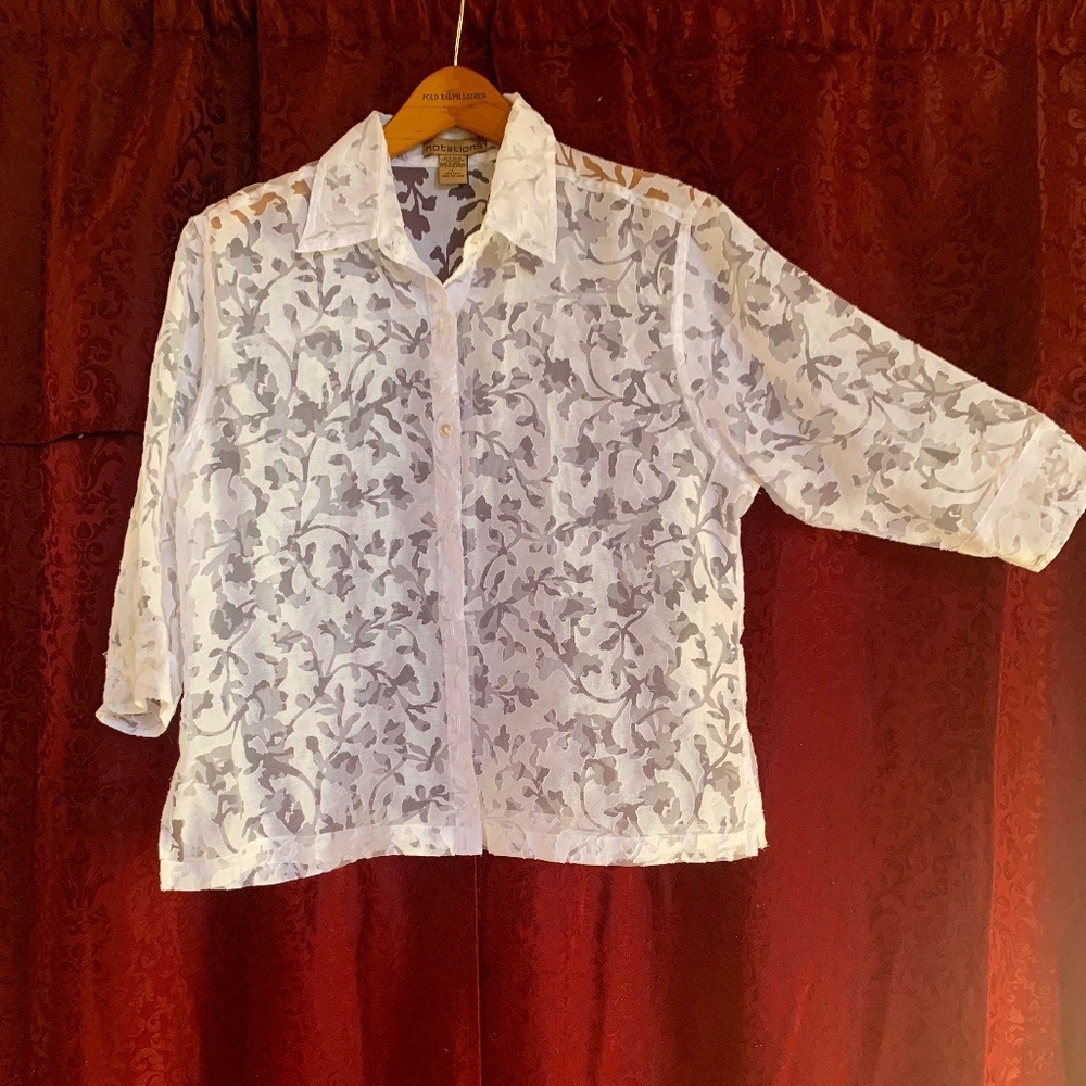Notations Sheer White Floral Pattern Button-Down Blouse Top - Size Large